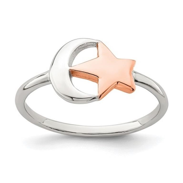 Sterling Silver Rose Gold Moon and Star Ring