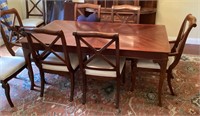 Dining table, 8 chairs, 2 leaves, pads