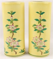 2 TALL PORCELAIN YELLOW VASES WITH CHERRY BLOSSOMS