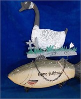 Gone fishing wall hanging and a goose garden