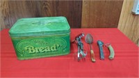 VINTAGE TIN BREAD BOX WITH UTENSILS