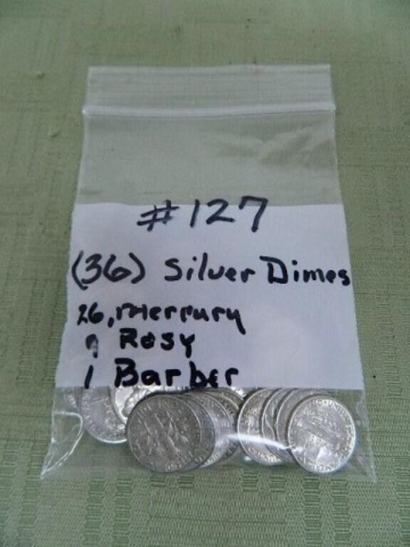 (36) Silver Dimes, (26)Mercury, (9)Rosy, (1)Barber