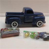 11" BLUE CERAMIC FORD TRUCK & MINI METAL TOYS &