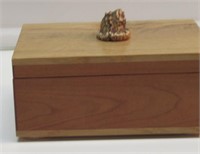 5" BY 7" HAND MADE WOODEN BOX W/ANTLER HANDLE.