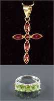 Set of Peridot Ring & Ruby Cross Pendant