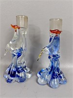 Two Art Glass Bird Candleholders