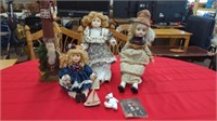 WOODEN SANTA AND DOLLS WITH PORCELAIN FACES AND