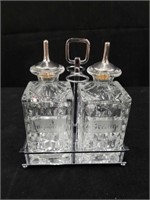 Fostoria glass condiment set with chrome stand