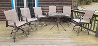 Patio table 33" t x 30" d w/ 6 chairs, 1 chair has