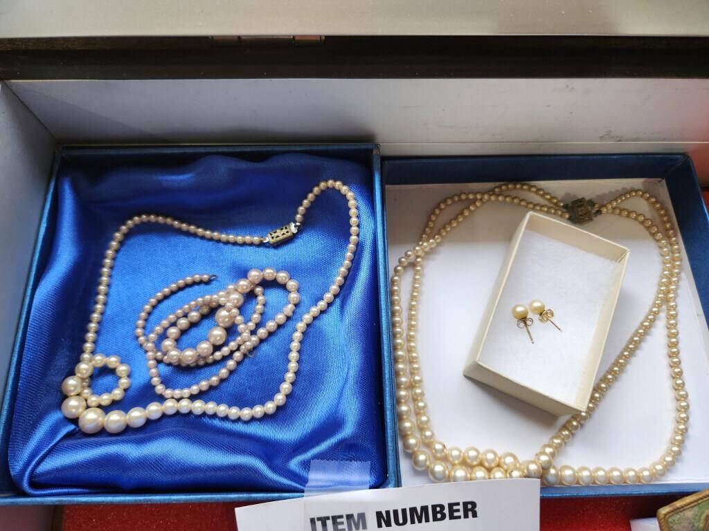 Pearls (1 necklace in blue box has broken strand)