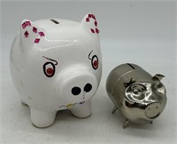 (2) Piggy Banks - Ceramic Painted & Metal Coin Ban