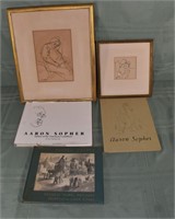 2 framed Aaron Sopher ink drawings and 3 books (1