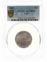 1917 US STANDING TYPE 1 25C SILVER COIN PCGS AU55F