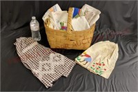 Vintage Basket of Kitchen Towels, Linens & Aprons
