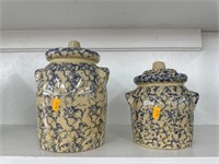 2 Roseville Spongeware Crocks with lids