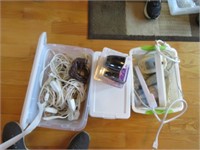 3 SMALL TOTES, ELECTRICAL CORDS, SURGE PROTECTOR