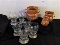 3 pcs Pottery, 6 Pewter & Glass Goblets