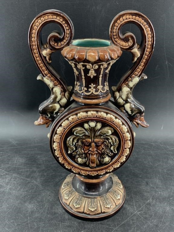Majolica style handled vase, made in China 11"
