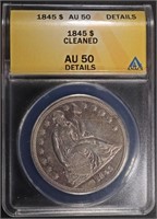 1845 SEATED LIBERTY DOLLAR ANACS AU50 DETAILS