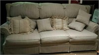 Three seat couch, pastel tweed with throw pillows