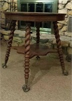 Round Oak Lamp Table, claw & glass ball feet