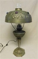 Art Nouveau Jeweled Electrified Oil Lamp.