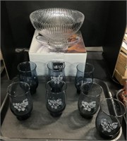 Mikasa Footed Bowl, 7 Pfaltzgraff Tulip Glasses.