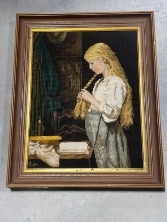 Framed Crossed Stitch Of Girl Braiding Hair