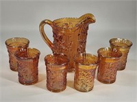 VINTAGE CARNIVAL GLASS PITCHER & TUMBLERS