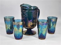 VINTAGE CARNIVAL GLASS PITCHER & (4) TUMBLERS