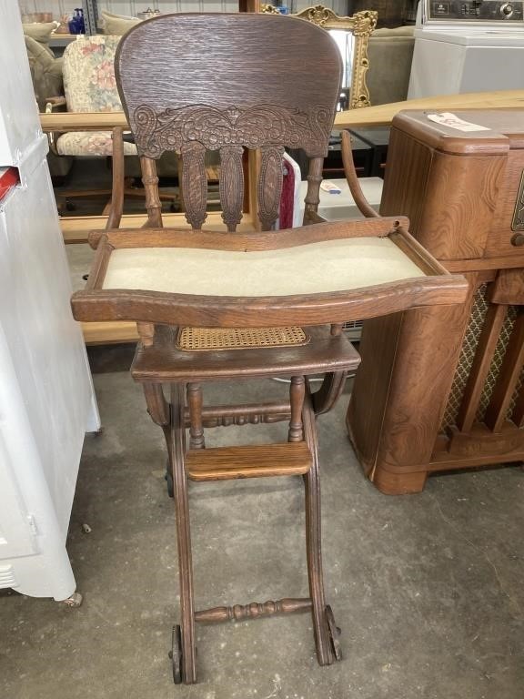 Vintage Wooden Baby High Chair on Rollers