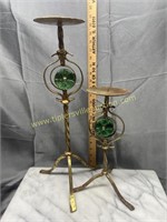Metal and green glass candle stands