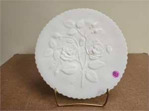 Milk Glass Rose Plate and Holder