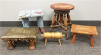 5 stools: piano, signed Cushman, folk art and gout