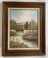 Covered Bridge Painting  22 x 17 Signed Clemann