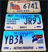 Lot of 3 Mississippi military license plates