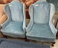 Pair Of Blue Upholstered Wing Back Arm Chairs