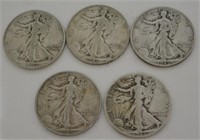 Five Walking Liberty Silver Half Dollars