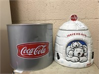 Coca Cola cookie jar and tin