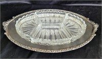 Silver plated relish dish with glass dividers.