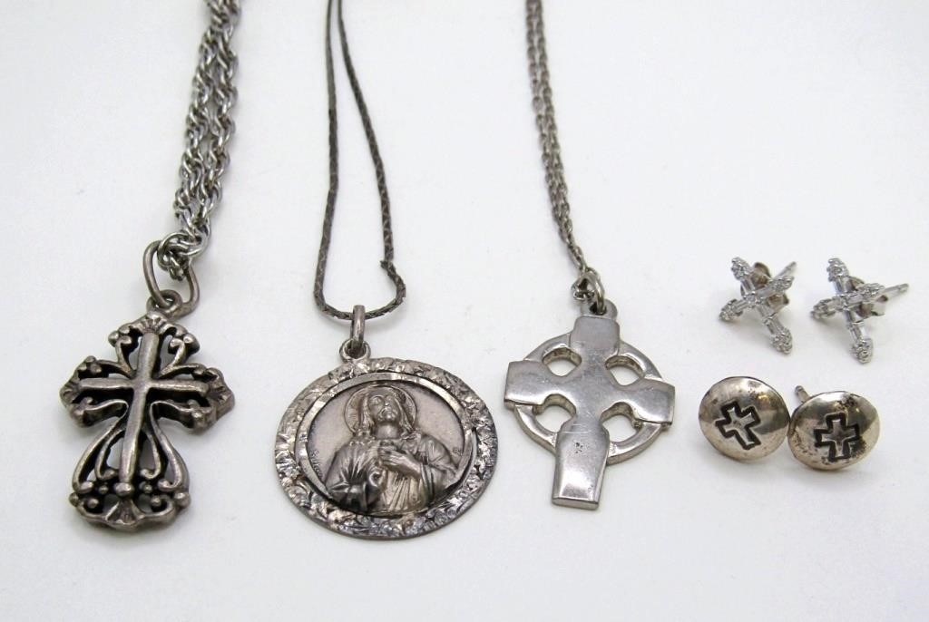 RELIGIOUS LOT (3) NECKLACES (2) EARRINGS