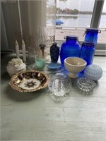 Oil Lamp, Flower Covered Dish, Blue Canisters,