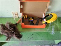 Box of tools, feather duster, face mask, clamp,