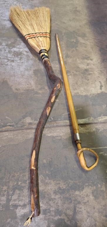 (H) Hand made broom and walking stick, 51" and