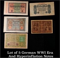 Lot of 5 German WWI Era And Hyperinflation Notes G