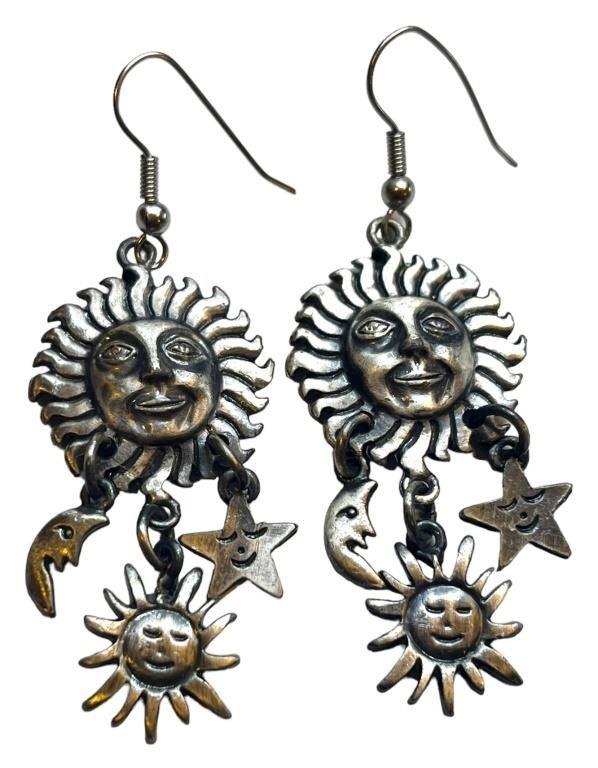 Silver Sun Moon Stars Pierced Dangles