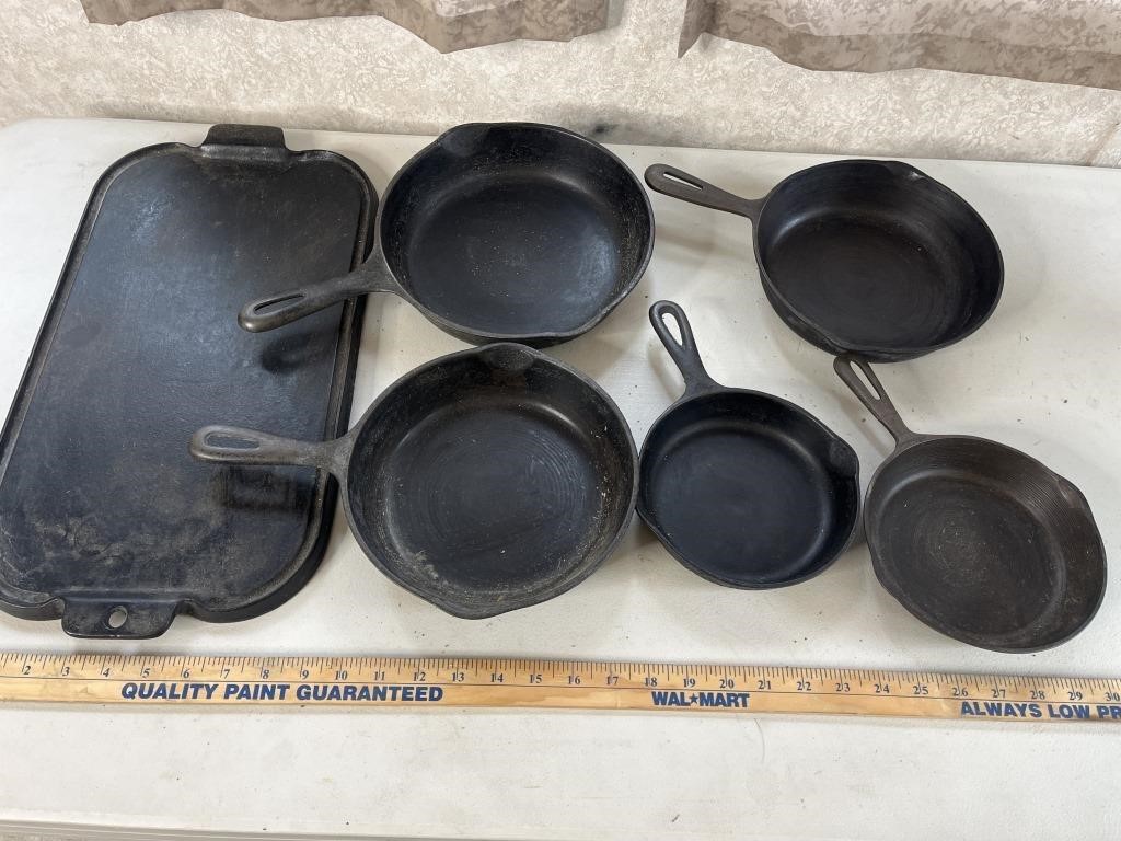 Cast Iron Griddle & 5 Skillets