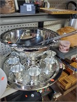 Oneida Punch Bowl, Tray, 2 Ladles & Cups