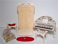Doll house furniture, pianos, Barbie armoire, Misc