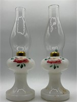 2 VTG Hand Painted Milk Glass Hurricane Lamps